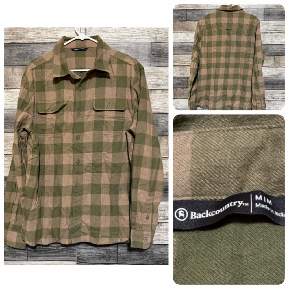 Backcountry Flannel Shirt Men’s M Tan Green Plaid Button Up 100% Cotton